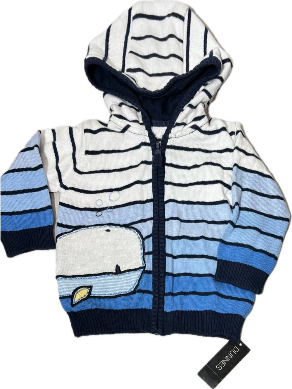 Dunnes 3-6m NWT blue white stripe cardigan sweater jacket hood UK Whale beach